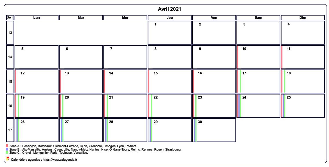 Calendrier avril 2021 personnalisable avec les vacances scolaires