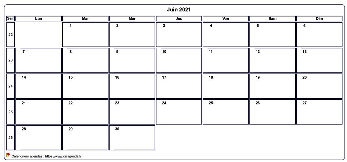 Calendrier juin 2021 personnalisable avec les vacances scolaires