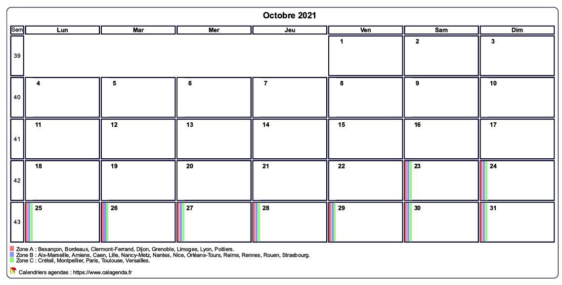 Calendrier octobre 2021 personnalisable avec les vacances scolaires