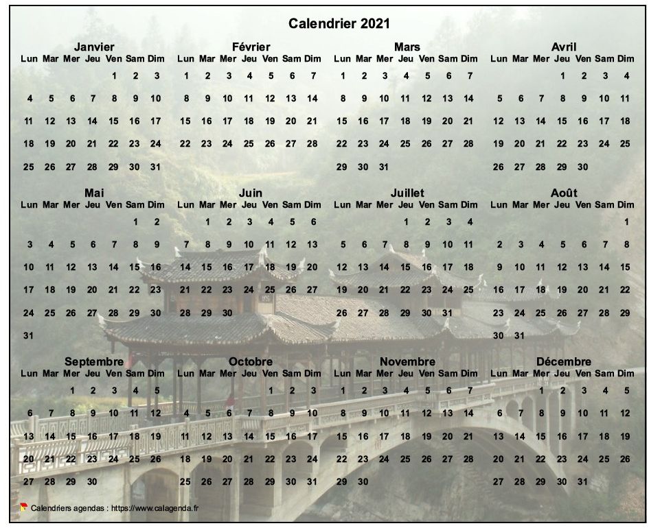 Calendrier 2021 annuel à imprimer, format paysage, quatre colonnes par trois lignes, par dessus une photo
