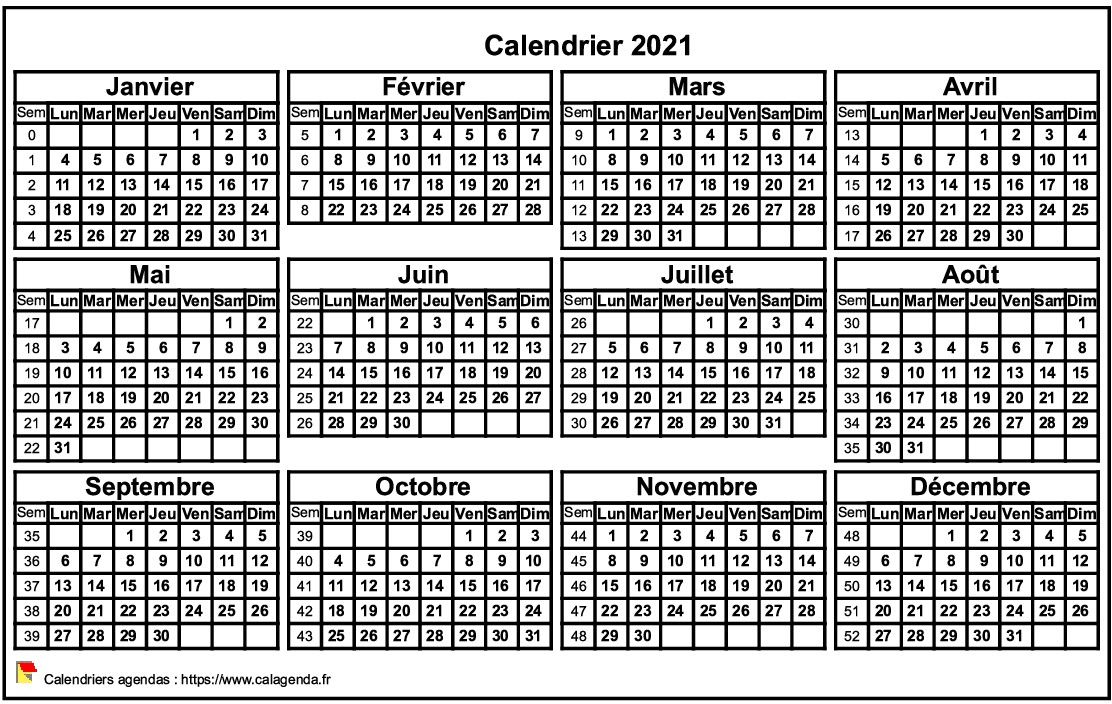 Calendrier 2021 format paysage