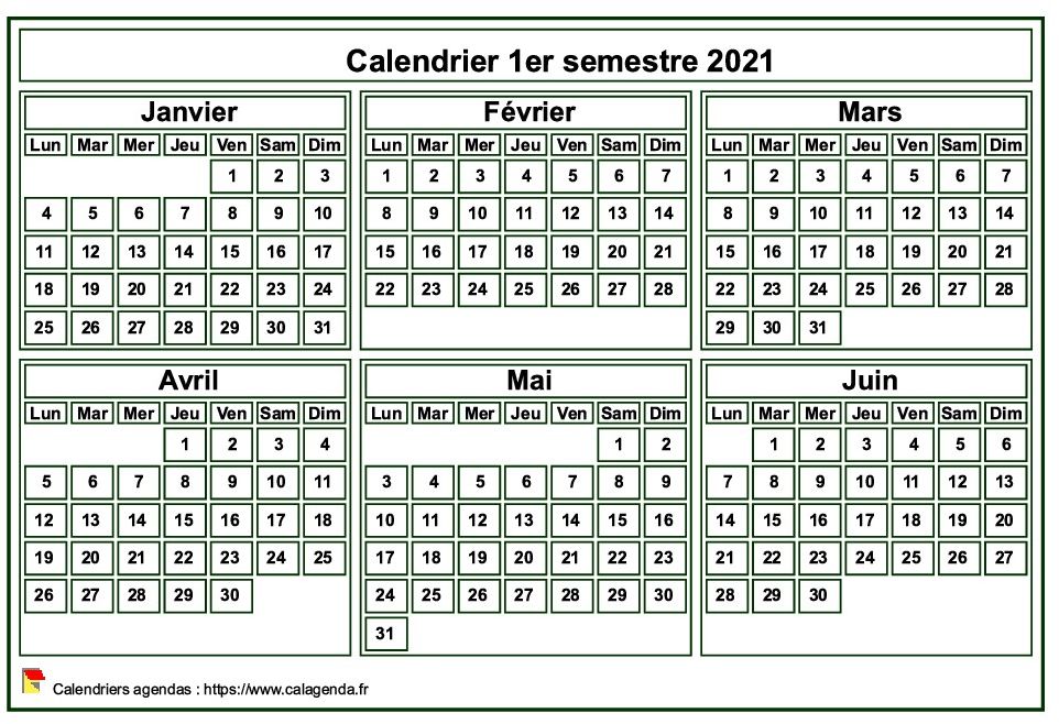 Calendrier 2021 à imprimer, semestriel, format mini de poche, fond blanc