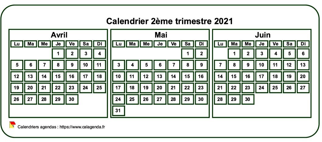 Calendrier 2021 à imprimer trimestriel, format mini de poche, fond blanc