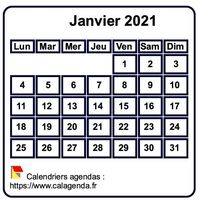 Calendrier de janvier 2021 à imprimer, fond blanc, taille mini, format poche, spécial portefeuille