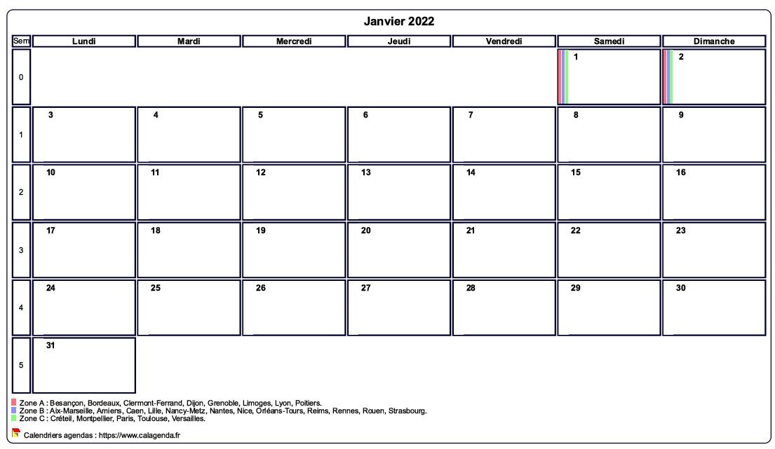 Calendrier janvier 2022 personnalisable avec les vacances scolaires