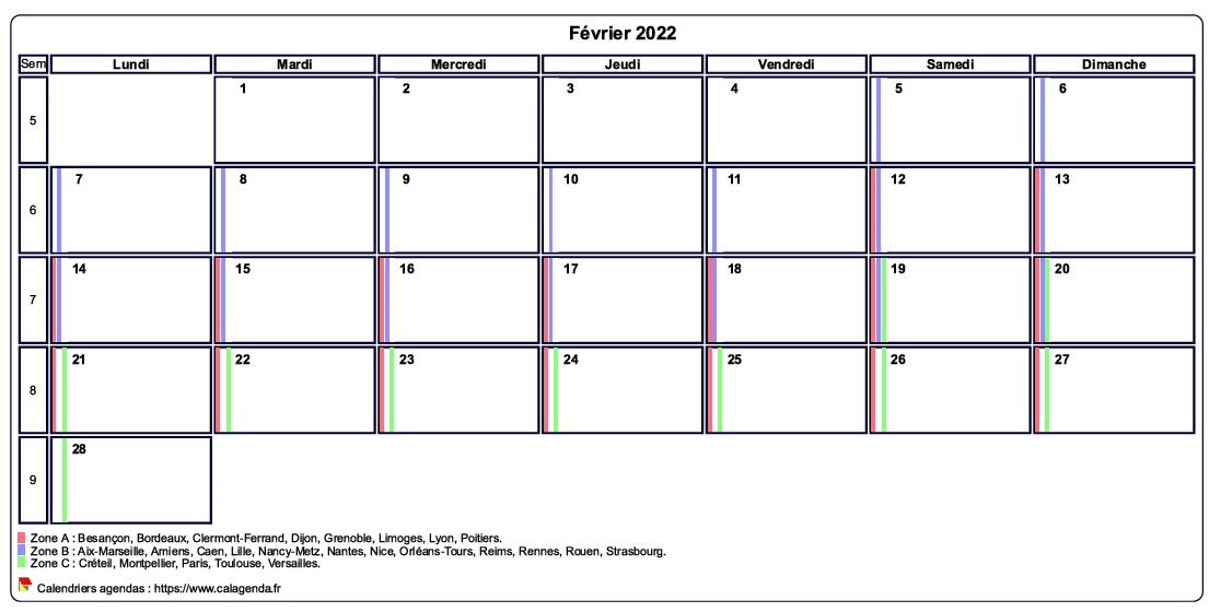 Calendrier février 2022 personnalisable avec les vacances scolaires