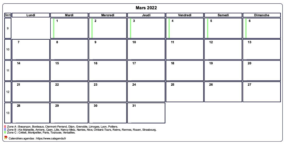 Calendrier mars 2022 personnalisable avec les vacances scolaires
