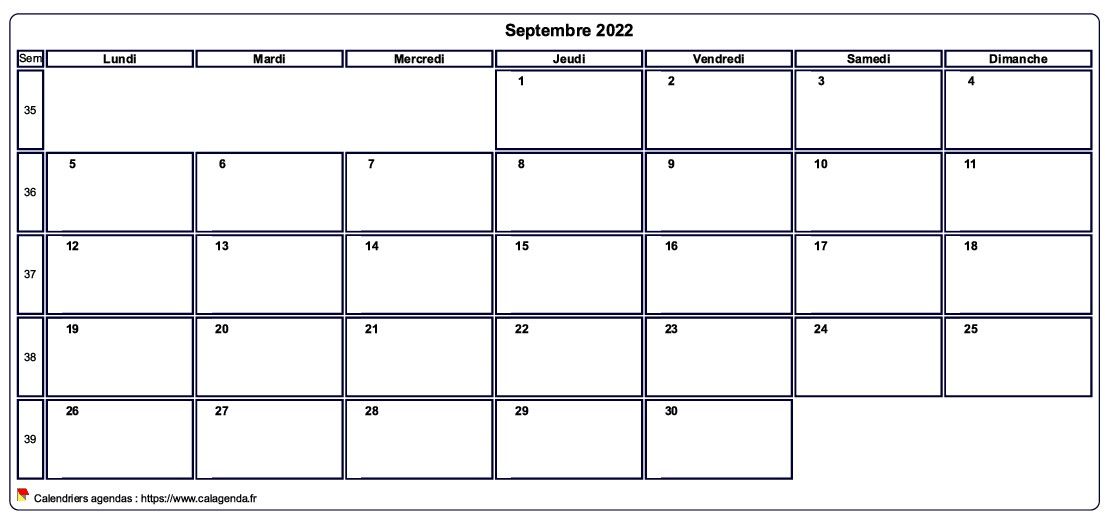 Calendrier septembre 2022 personnalisable avec les vacances scolaires