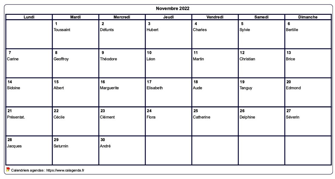 Calendrier novembre 2022 à imprimer vierge, avec les fêtes