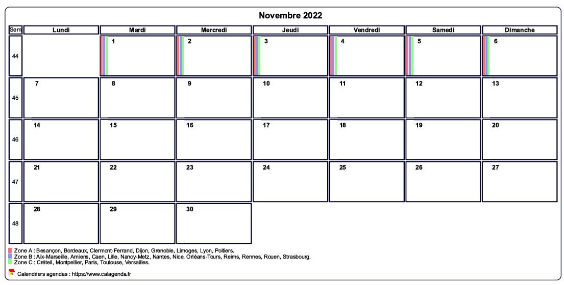 Calendrier novembre 2022 personnalisable avec les vacances scolaires