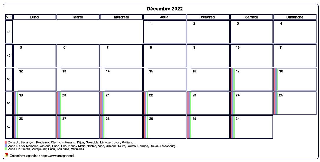 Calendrier décembre 2022 personnalisable avec les vacances scolaires