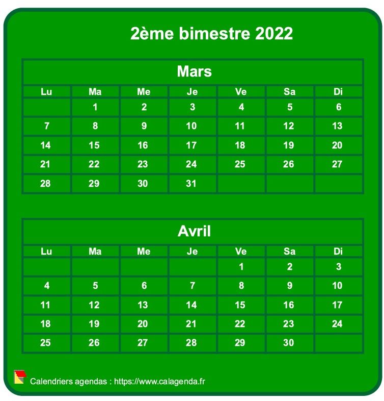 Calendrier 2022 à imprimer bimestriel, format mini de poche, vertical, fond vert