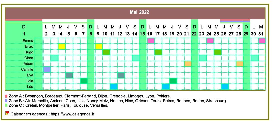 Calendrier 2022 planning horizontal mensuel