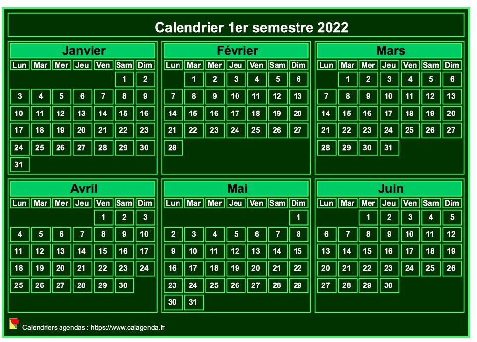 Calendrier 2022 à imprimer, semestriel, format mini de poche, fond vert