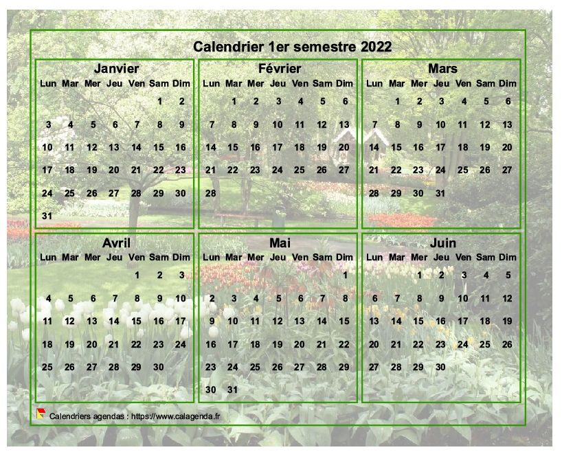 Calendrier 2022 à imprimer semestriel, format paysage, avec photo en fond de calendrier