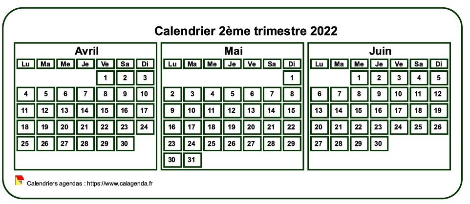 Calendrier 2022 à imprimer trimestriel, format mini de poche, fond blanc