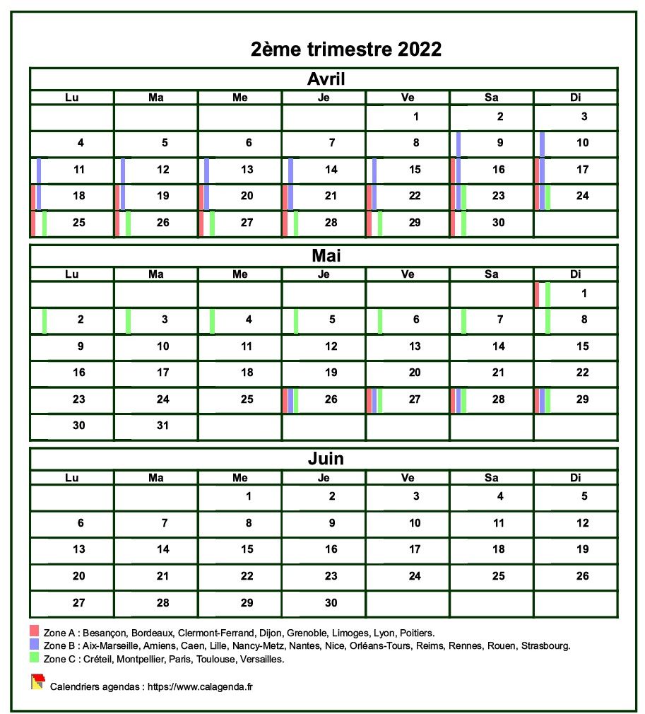 Calendrier 2022 à imprimer trimestriel, format mini de poche, avec les vacances scolaires