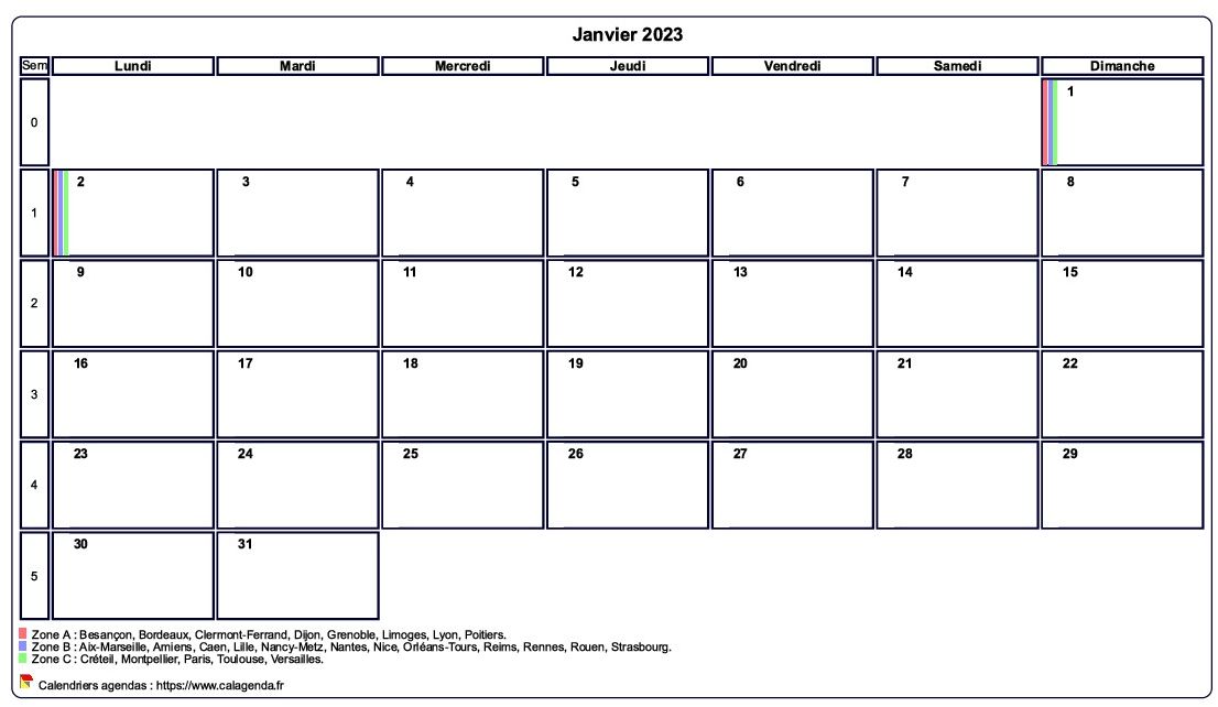 Calendrier janvier 2023 personnalisable avec les vacances scolaires