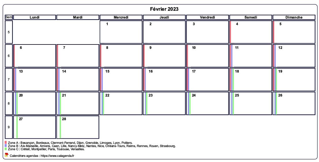Calendrier février 2023 personnalisable avec les vacances scolaires