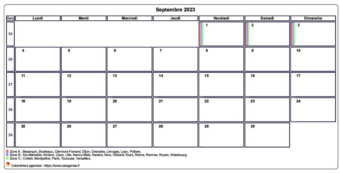 Calendrier septembre 2023 personnalisable avec les vacances scolaires