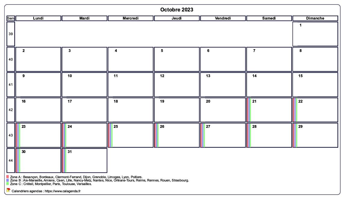 Calendrier octobre 2023 personnalisable avec les vacances scolaires