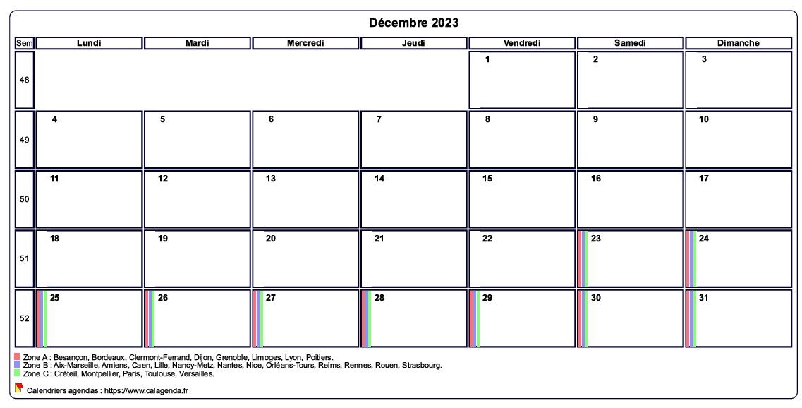 Calendrier décembre 2023 personnalisable avec les vacances scolaires
