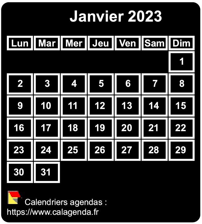 Calendrier mensuel 2023 à imprimer, fond noir, taille mini, format poche, spécial portefeuille