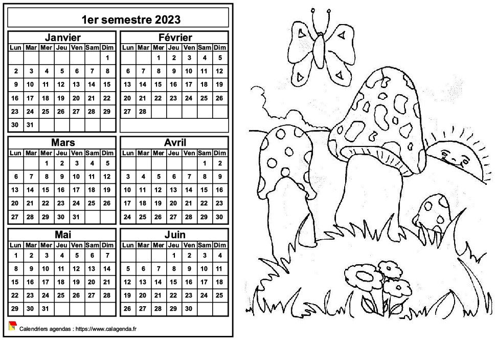 Calendrier 2023 à colorier semestriel, format paysage, pour enfants