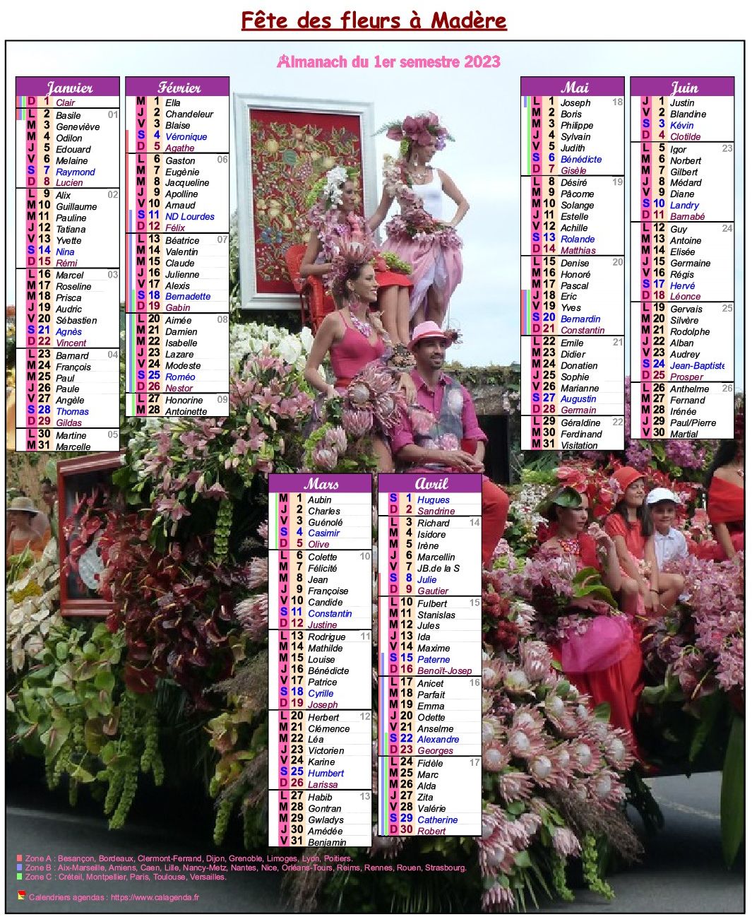 Calendrier 2023 semestriel fête des fleurs à Madère
