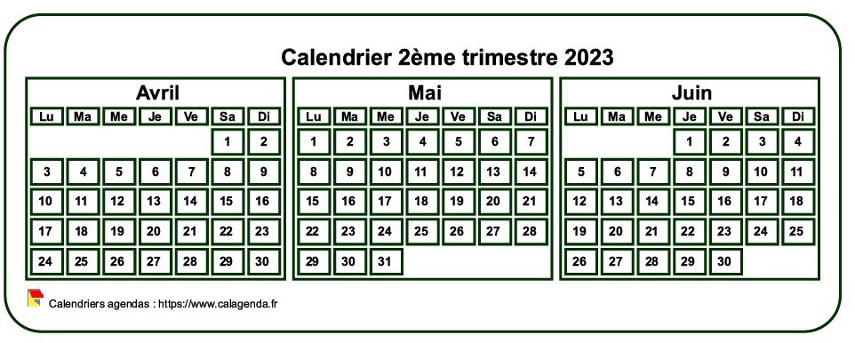 Calendrier 2023 à imprimer trimestriel, format mini de poche, fond blanc