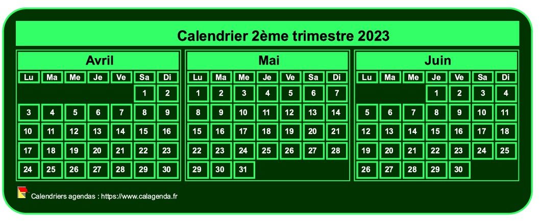 Calendrier 2023 à imprimer trimestriel, format mini de poche, fond vert