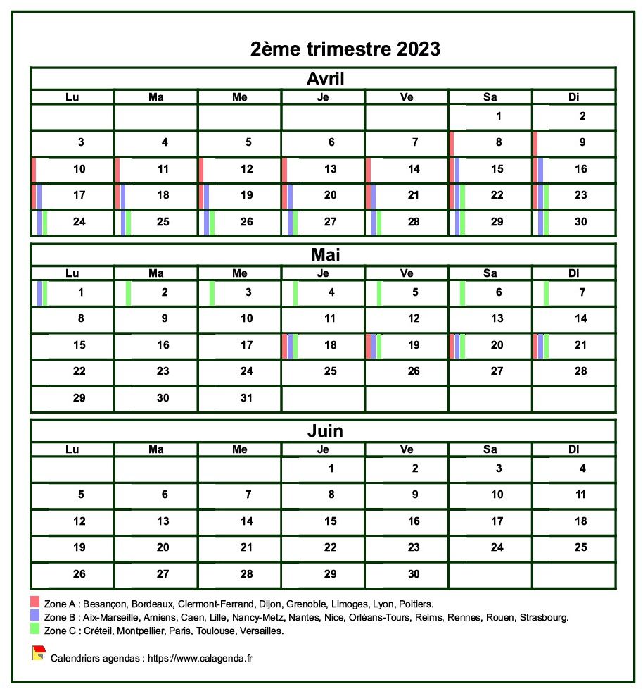 Calendrier 2023 à imprimer trimestriel, format mini de poche, avec les vacances scolaires