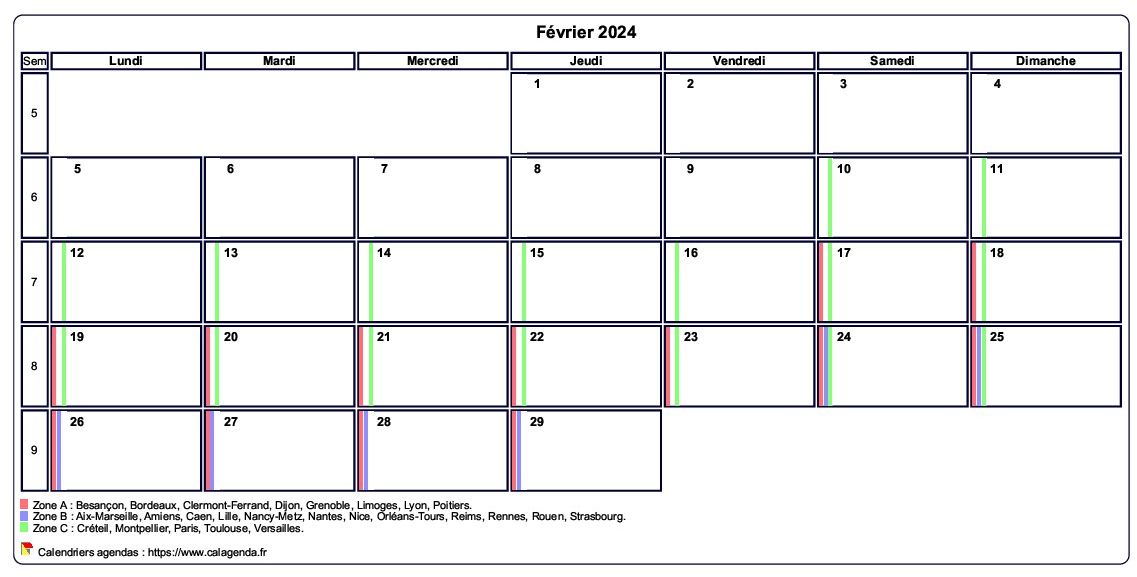 Calendrier février 2024 personnalisable avec les vacances scolaires