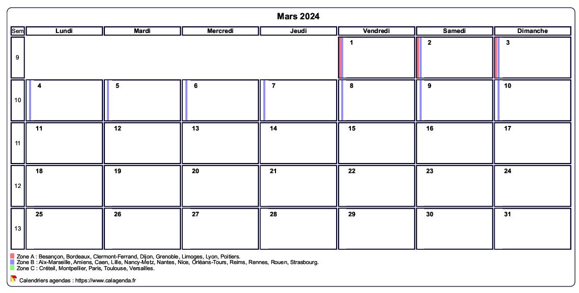 Calendrier mars 2024 personnalisable avec les vacances scolaires