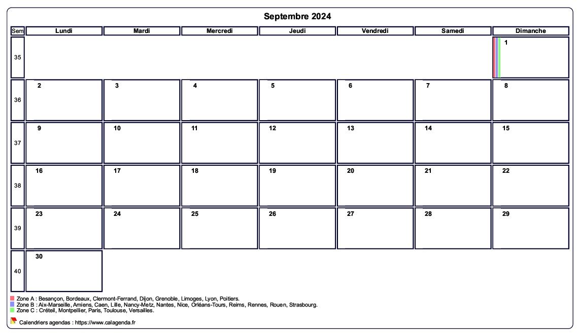 Calendrier septembre 2024 personnalisable avec les vacances scolaires