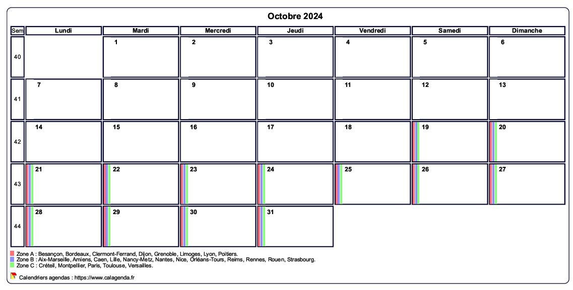 Calendrier octobre 2024 personnalisable avec les vacances scolaires
