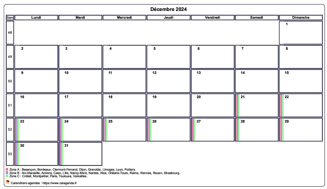 Calendrier décembre 2024 personnalisable avec les vacances scolaires