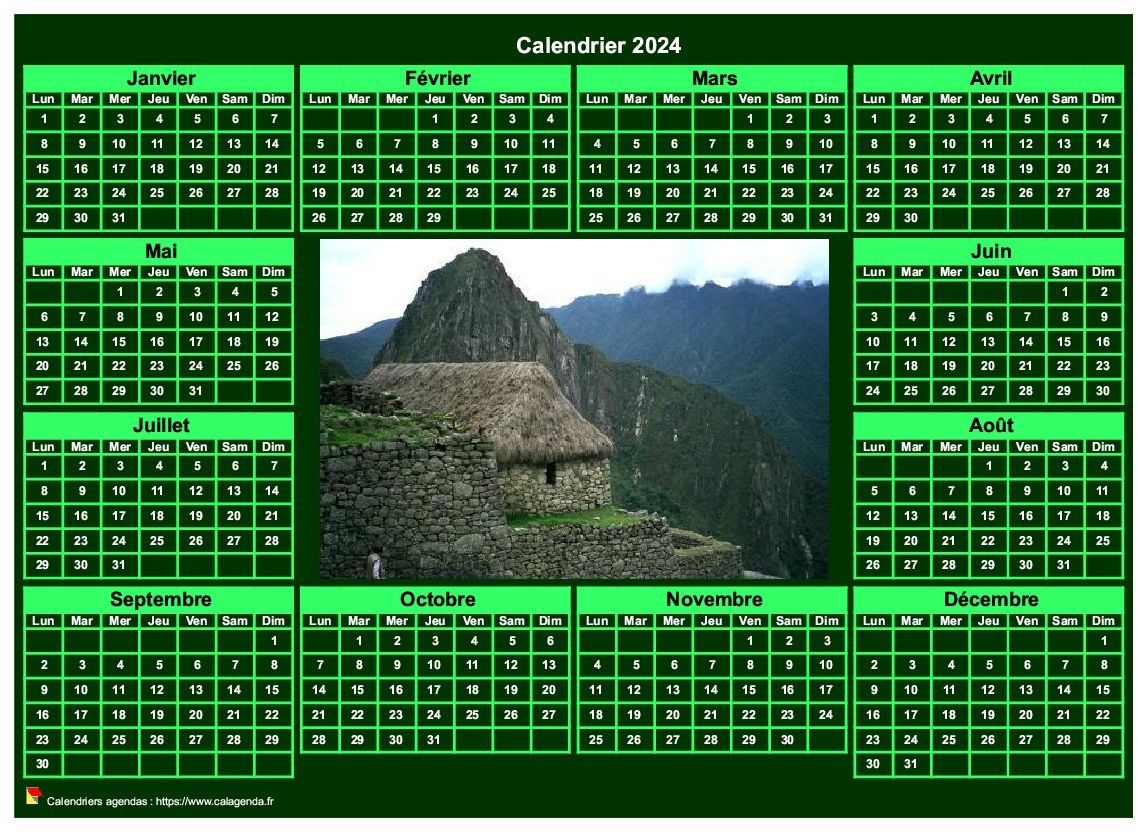 Calendrier 2024 photo annuel à imprimer, fond vert, format paysage
