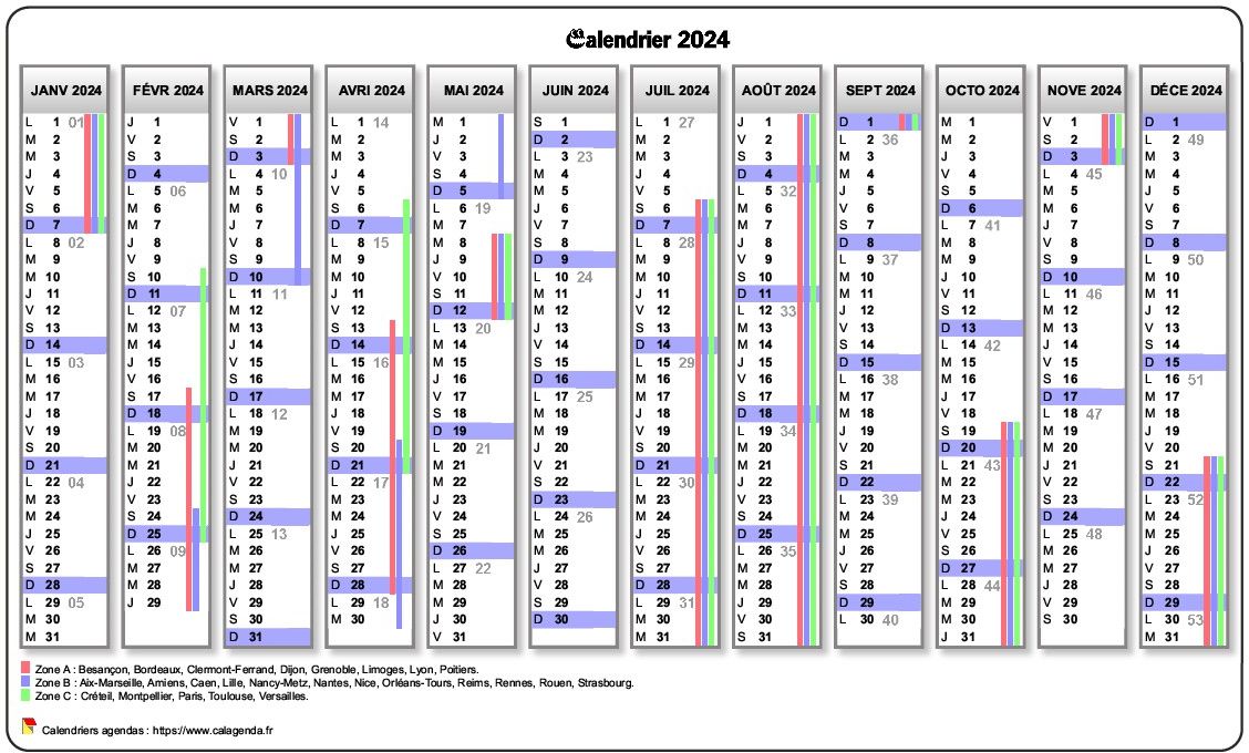 Calendrier 2024 scolaire avec agenda et les numéros de semaine