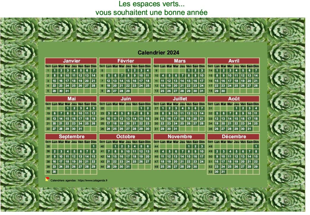 Calendrier 2024 décoratif annuel à imprimer, avec cadre photo vert