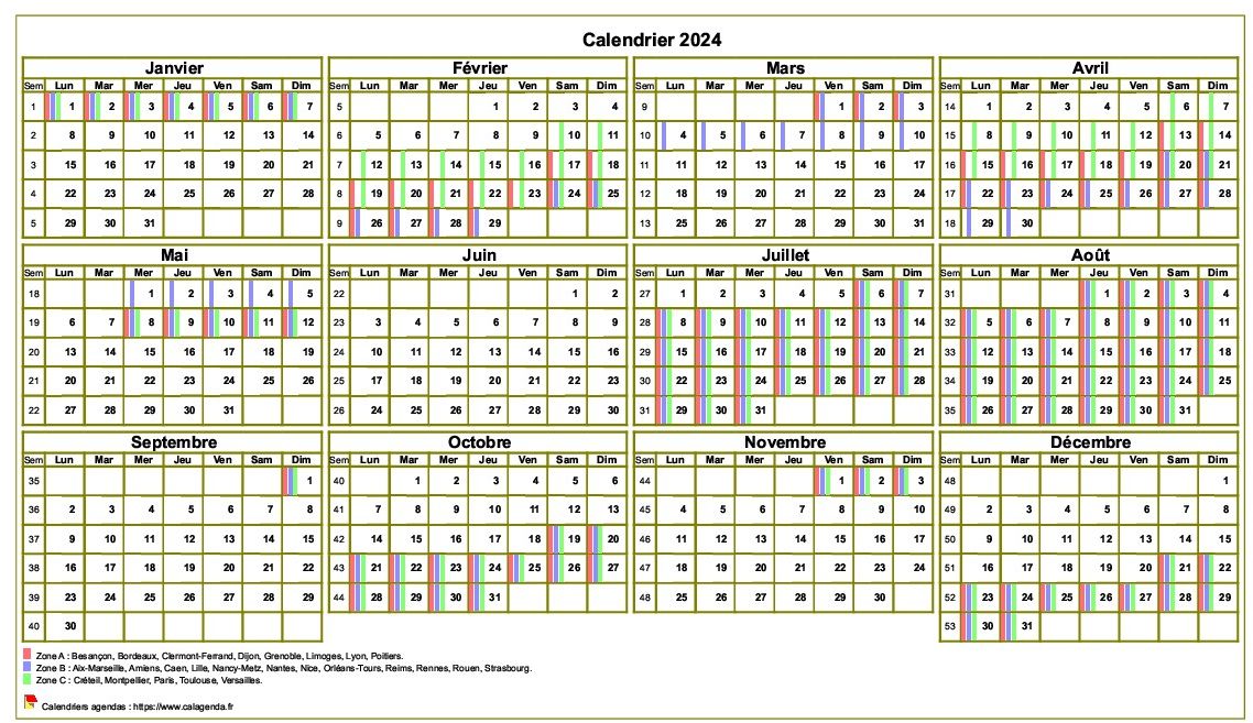 Calendrier 2024 annuel à imprimer, avec les vacances scolaires, format paysage