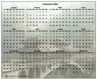 Calendrier 2024 annuel à imprimer, format paysage, quatre colonnes par trois lignes, par dessus une photo