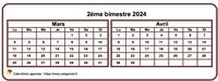 Calendrier 2024 à imprimer bimestriel, format mini de poche, horizontal, fond blanc