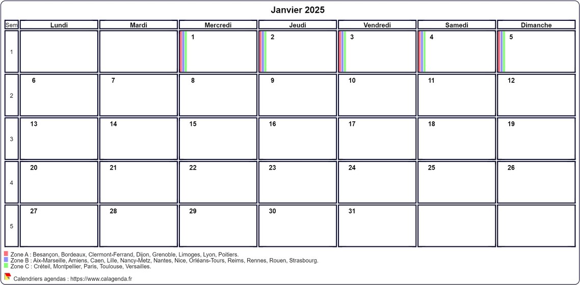Calendrier janvier 2025 personnalisable avec les vacances scolaires