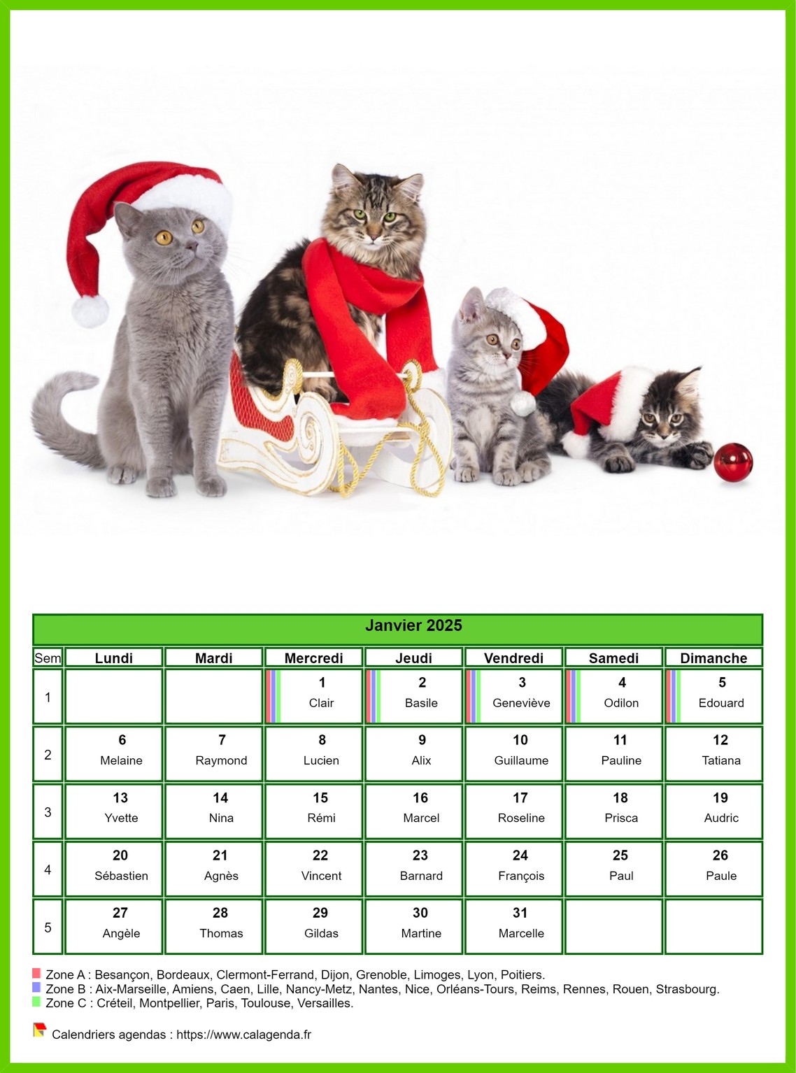 Calendrier janvier 2025 chats