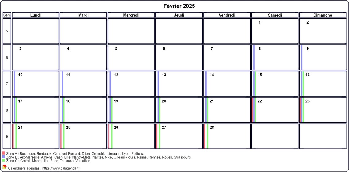 Calendrier février 2025 personnalisable avec les vacances scolaires