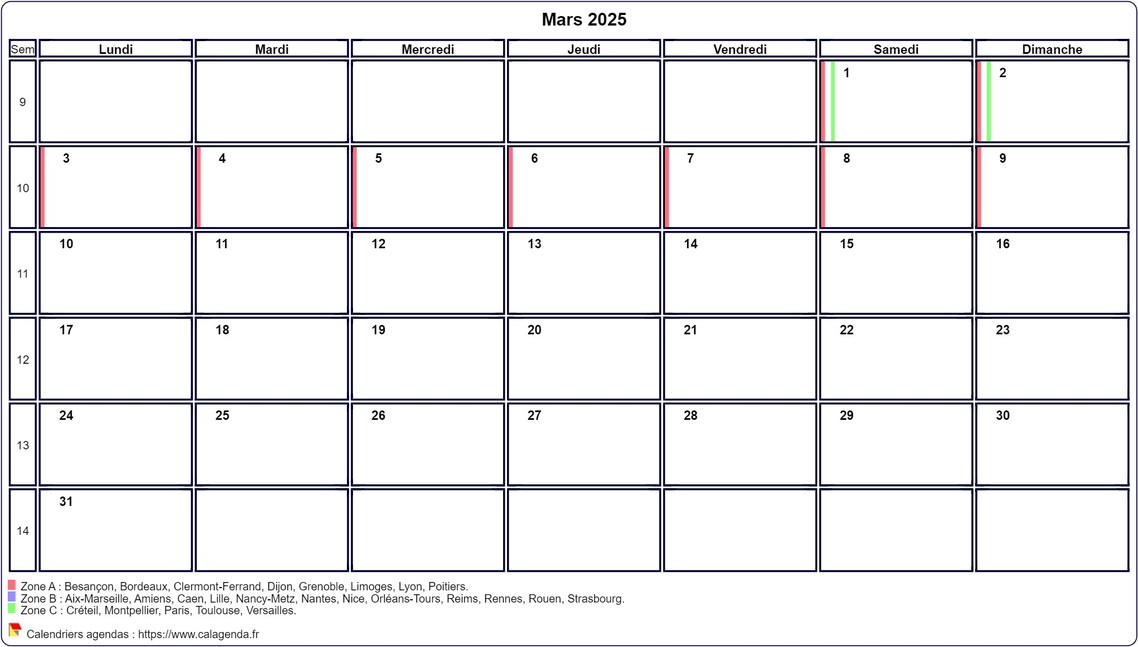 Calendrier mars 2025 personnalisable avec les vacances scolaires Calendrier mars 2025 personnalisable avec les vacances scolaires