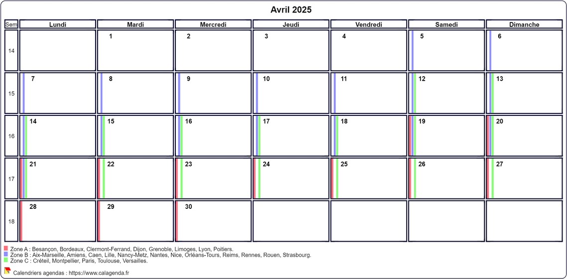 Calendrier avril 2025 personnalisable avec les vacances scolaires