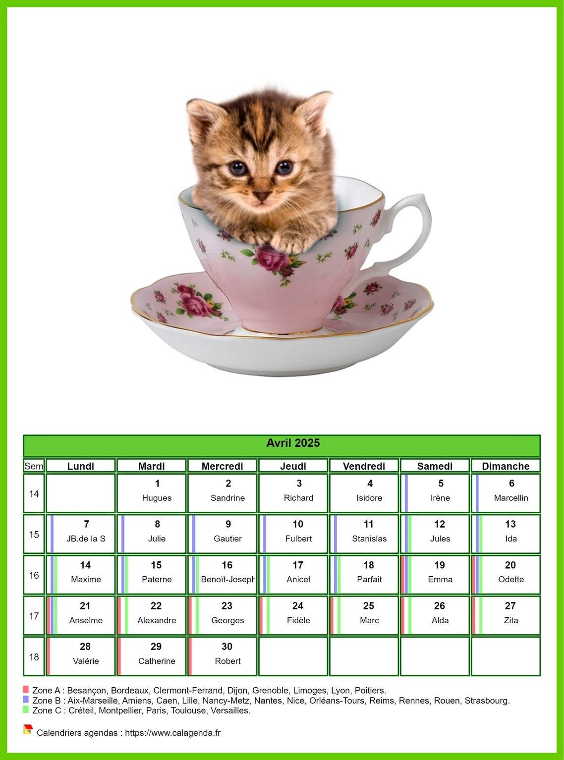 Calendrier avril 2025 chats