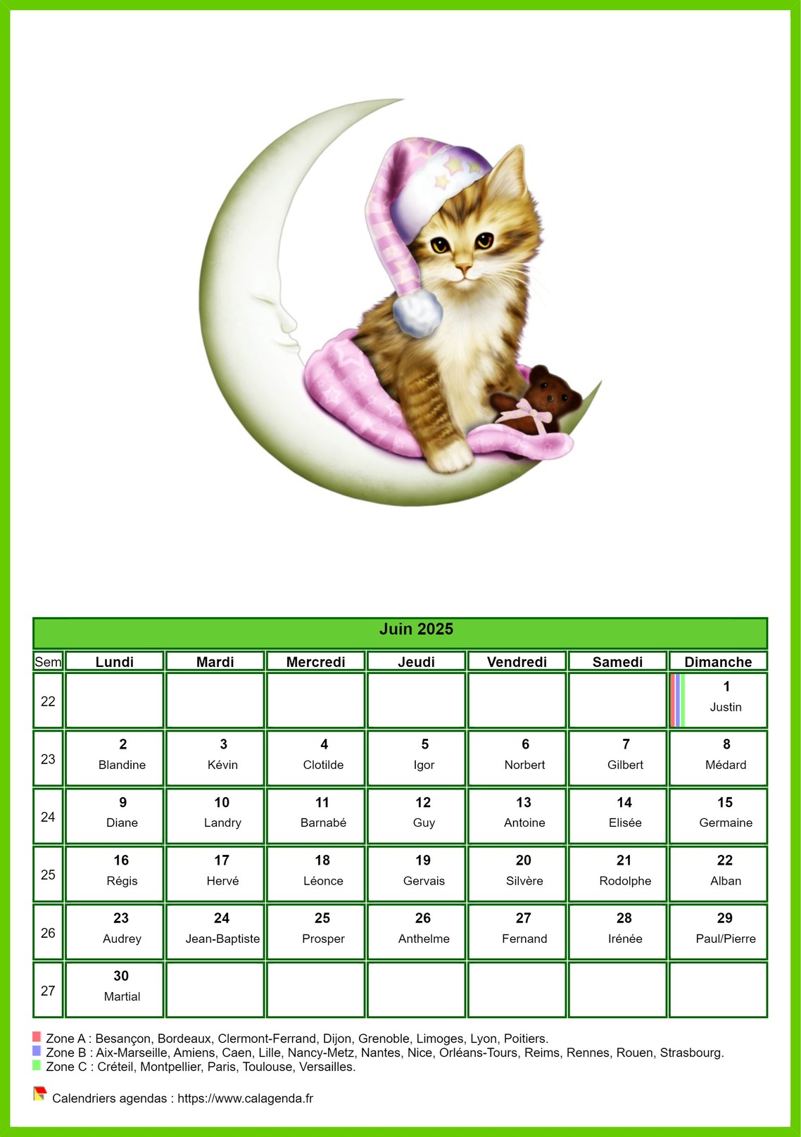 Calendrier juin 2025 chats
